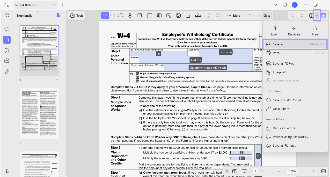 select save as to unflatten pdf updf windows