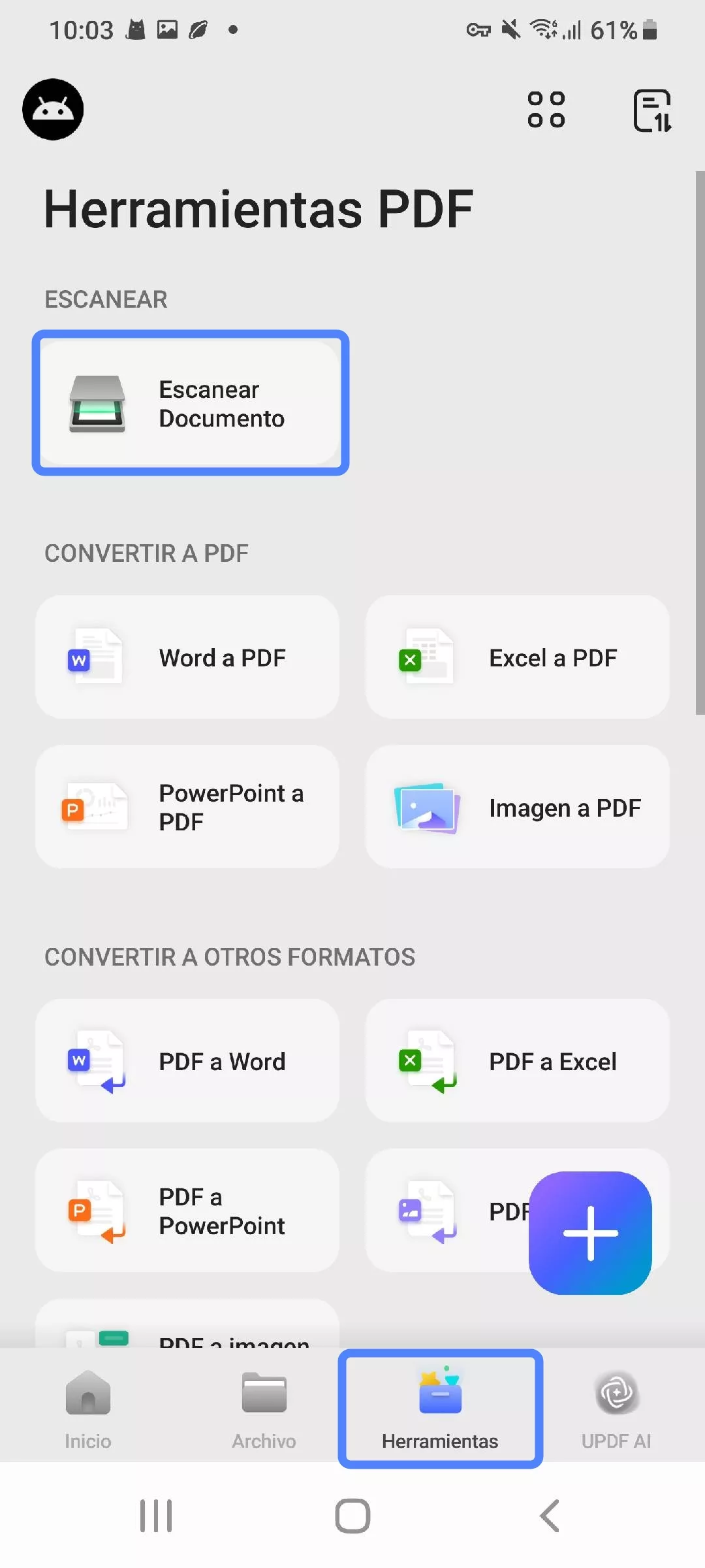  selecciona escanear documento en herramientas de UPDF para Android