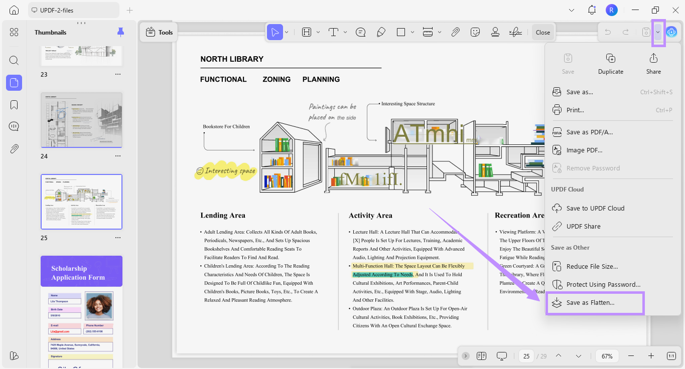 select the save as flatten option updf windows