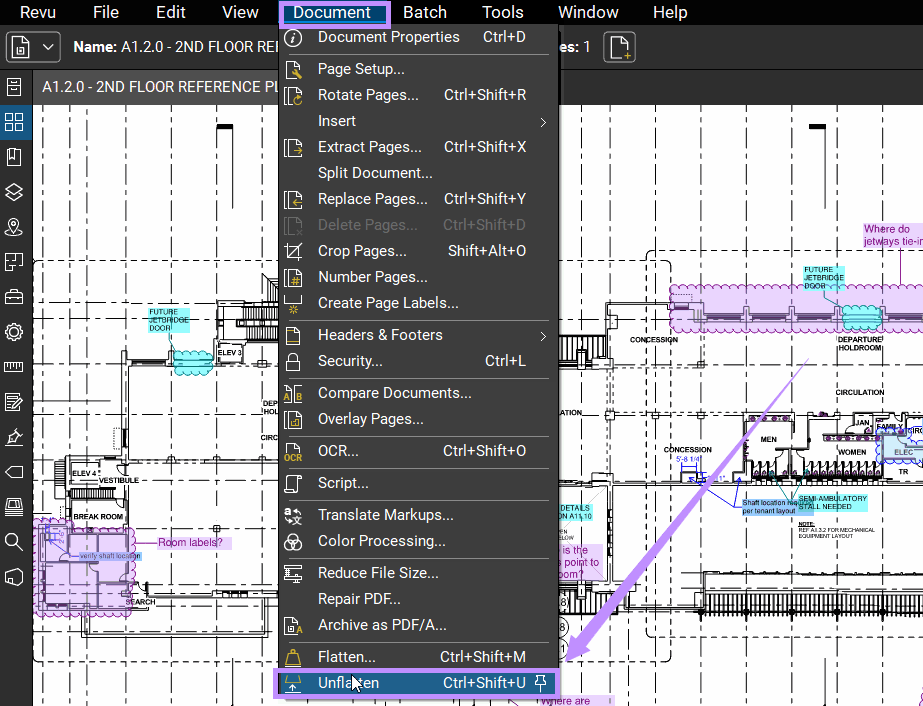 select unflatten under document bluebeam