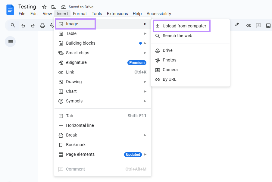 select upload from computer under image google docs