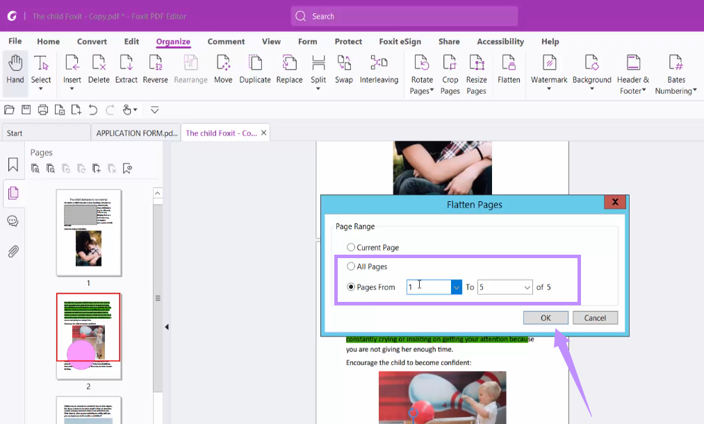 set a page range and click ok to flatten foxit