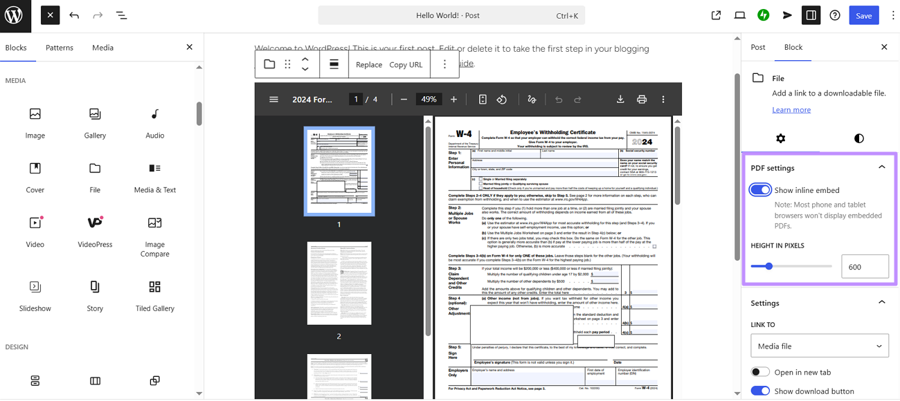 show inline embed in wordpress pdf