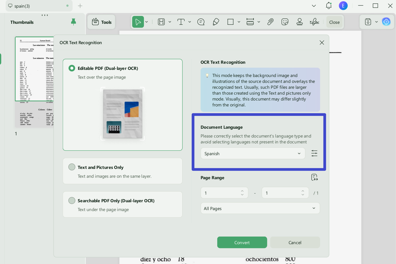 Choose the "OCR" feature in the "Tools" and set your preferences in the prompt window.