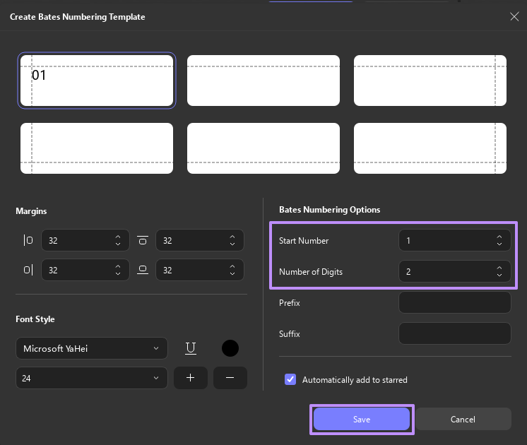 specify start number updf windows
