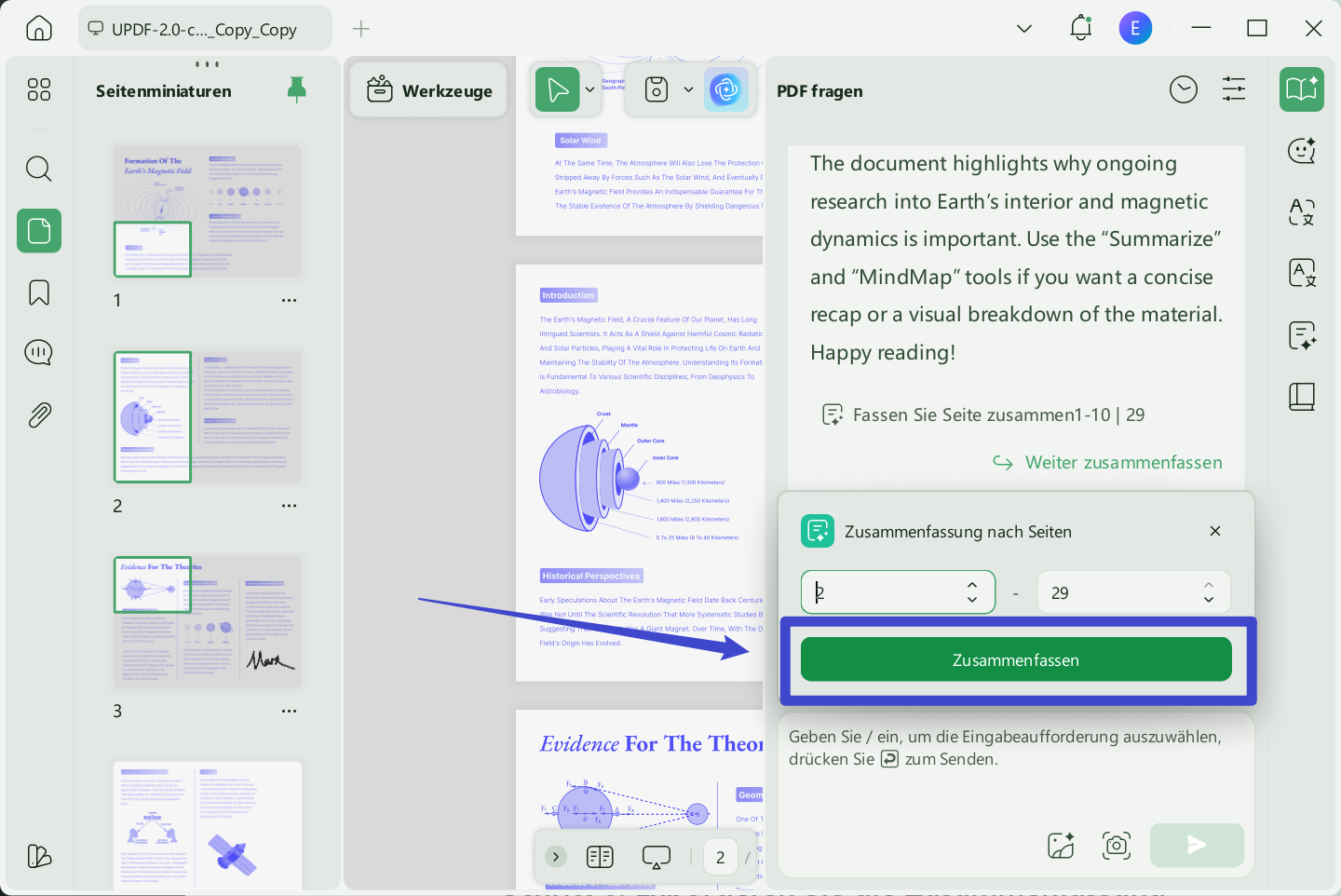  Wählen Sie einen Seitenbereich zum Zusammenfassen von UPDF-Fenstern
