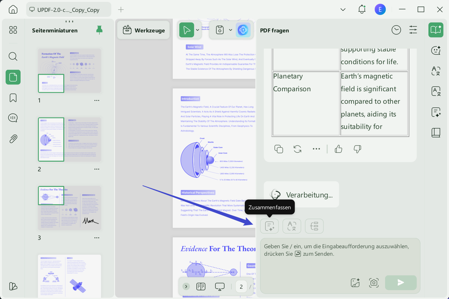 Zugriff auf die Zusammenfassungsfunktion UPDF AI Windows