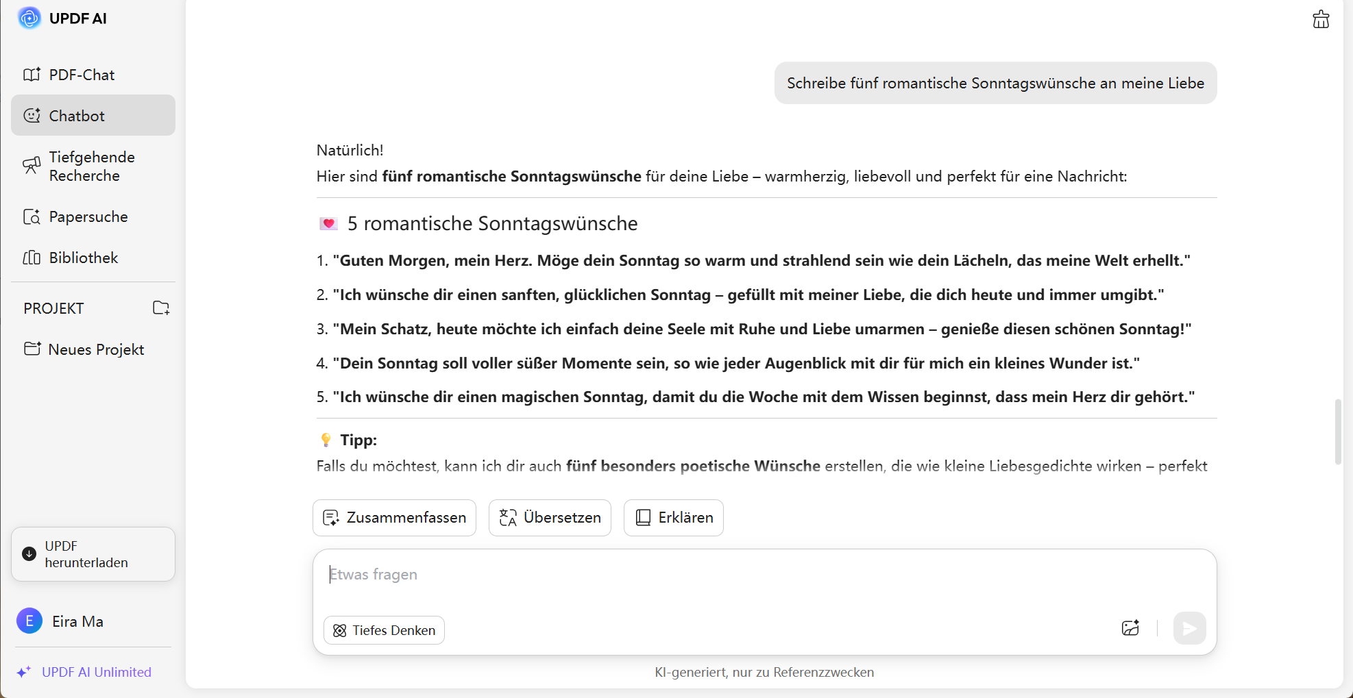UPDF-KI-Chat-Eingabeaufforderung generiert