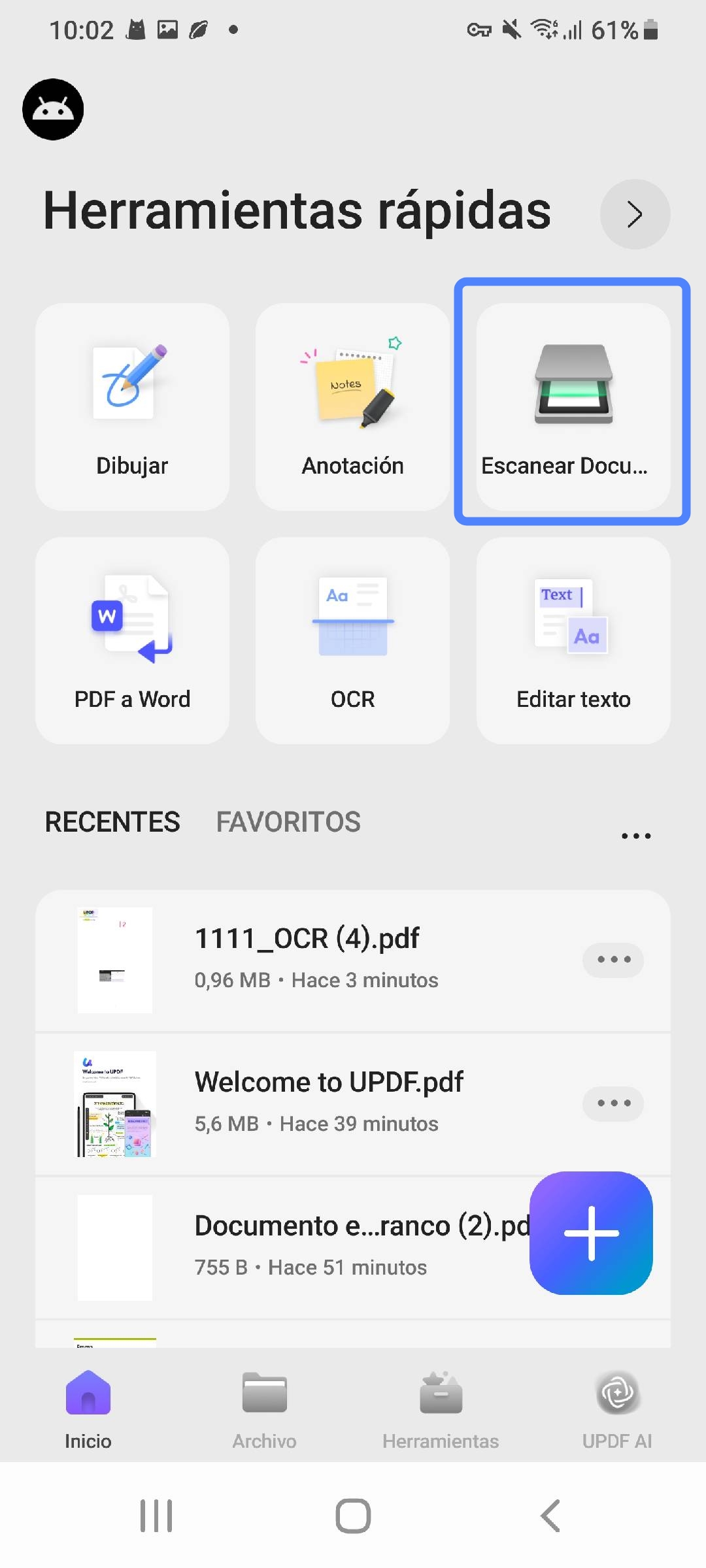 Toca en Escanear Documento en UPDF para Android