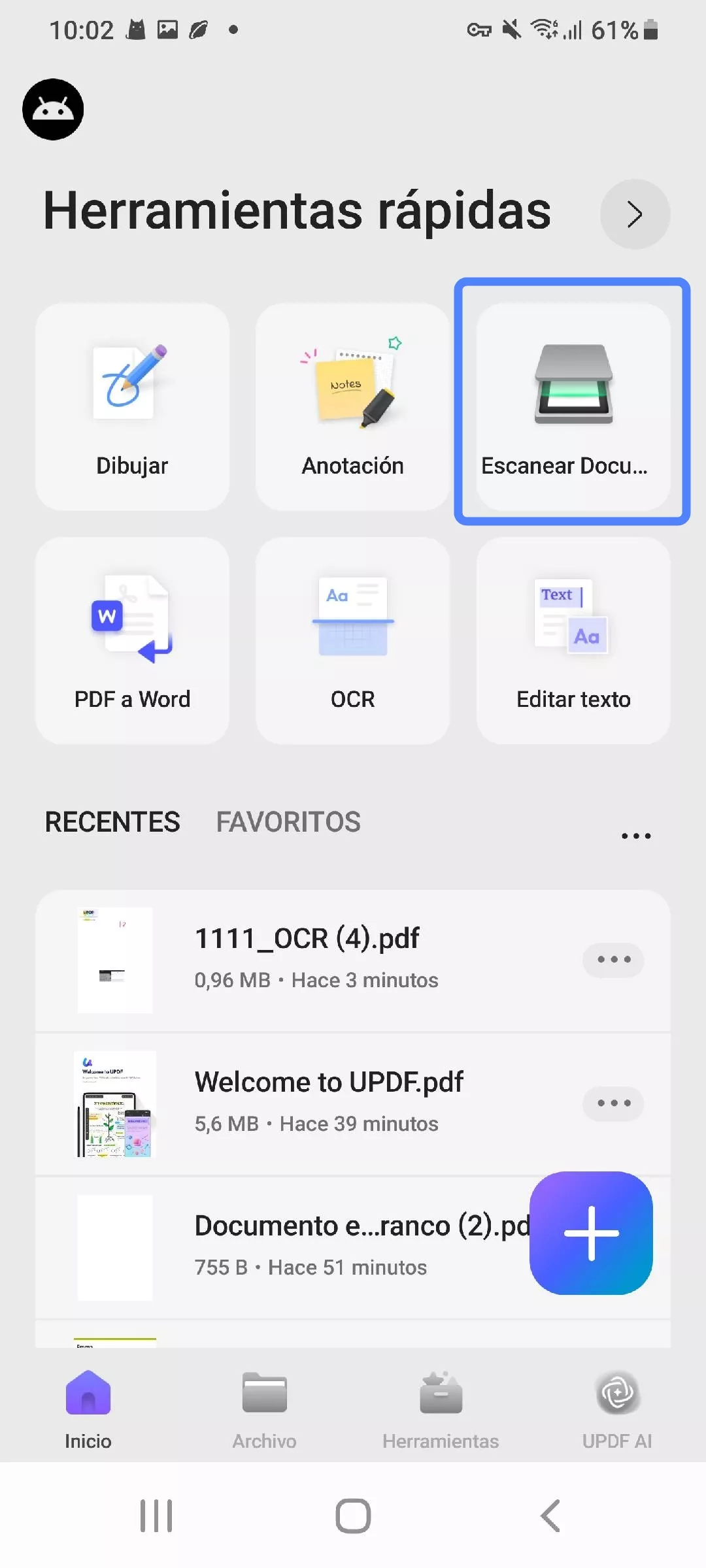 Toca en Escanear Documento en UPDF para Android