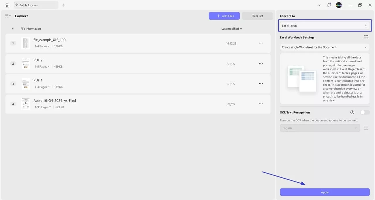 select excel format to convert pdf