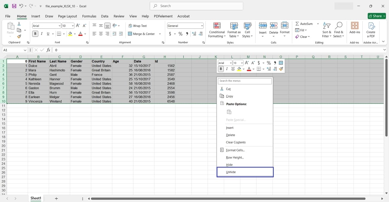 right click method to unide rows