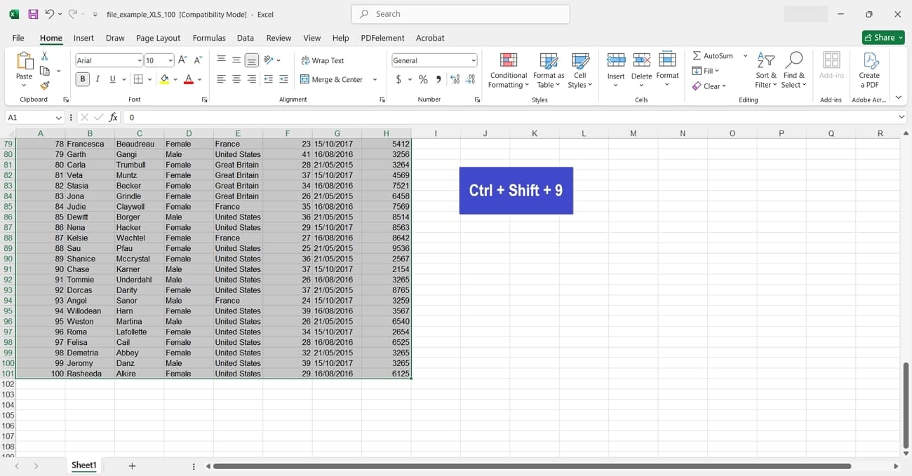 shortcut keys to reveal rows excel