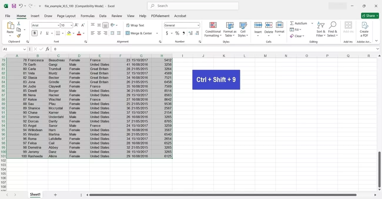 shortcut keys to reveal rows excel