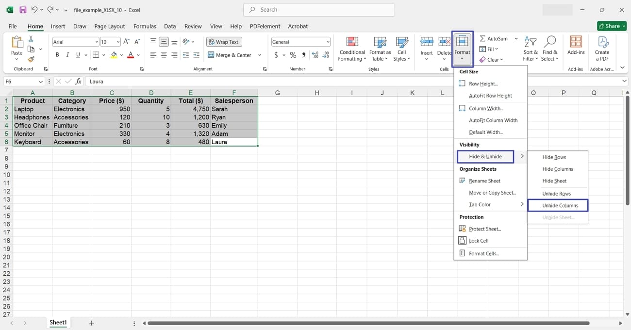 make columns visible in excel home