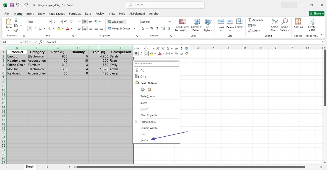 use right click to unhide columns