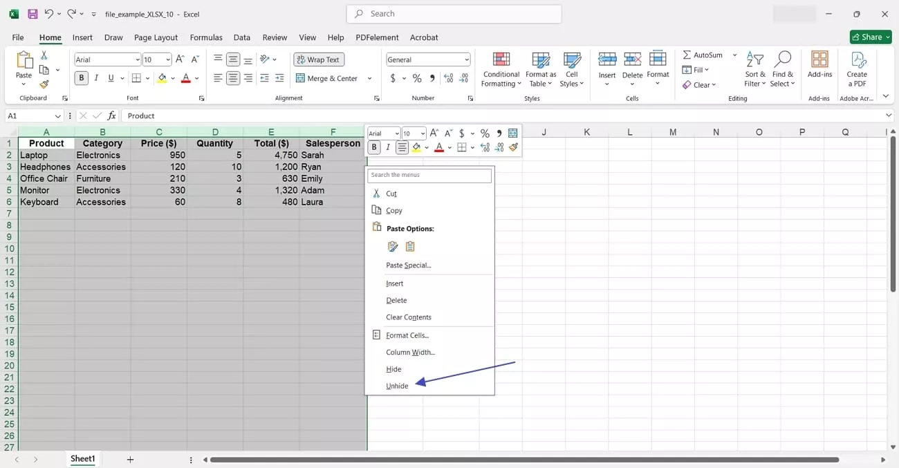 use right click to unhide columns
