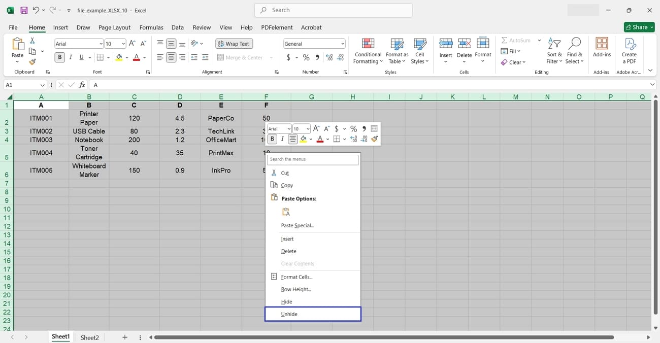 unhide all cells in excel