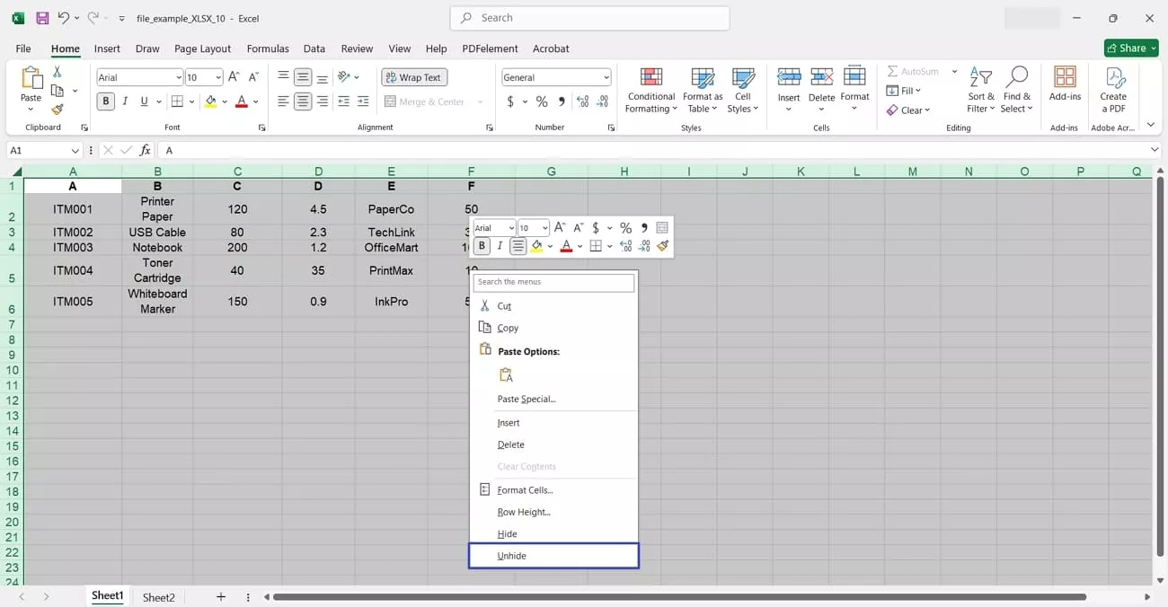 unhide all cells in excel