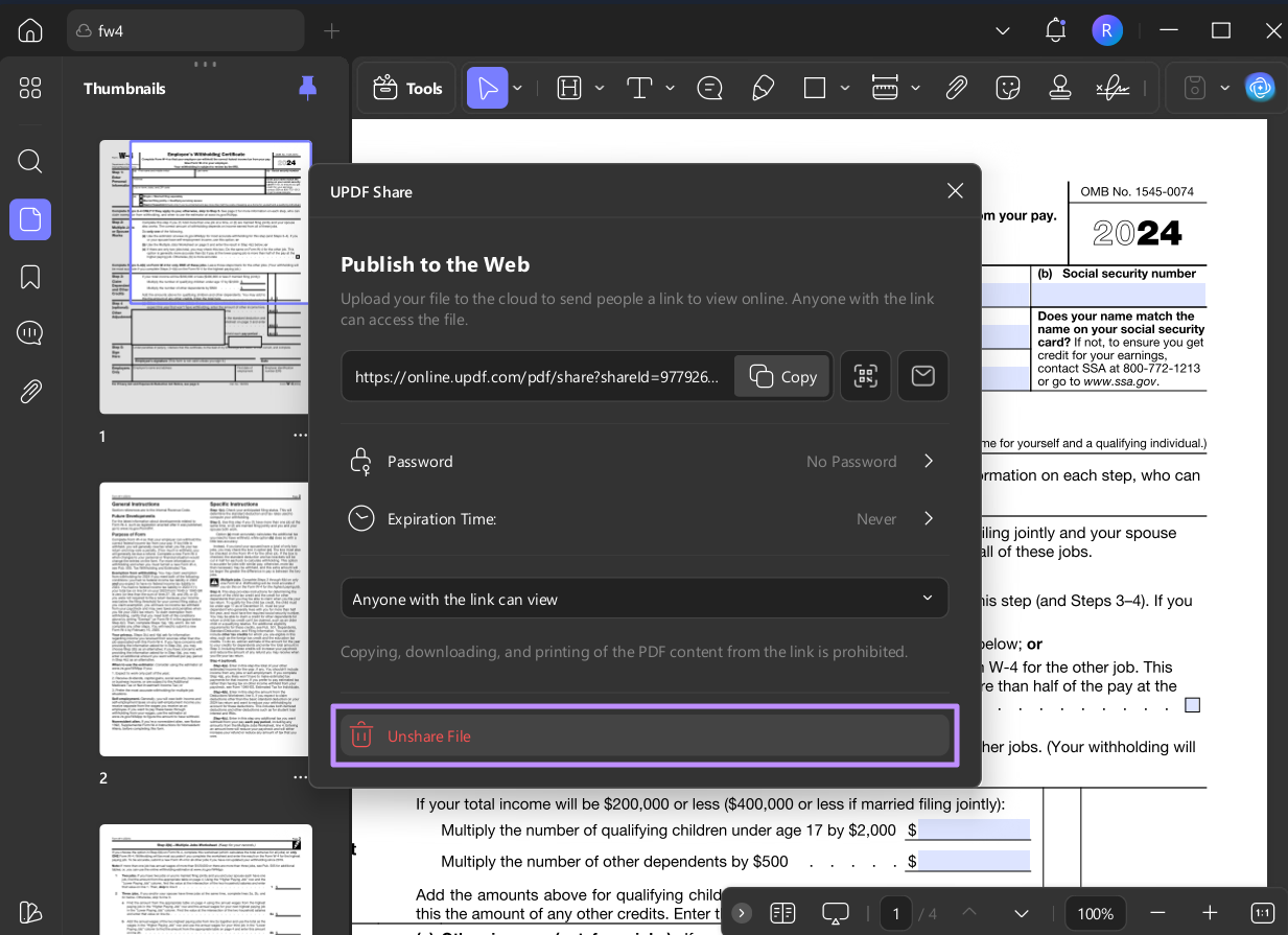 unshare pdf file in updf windows