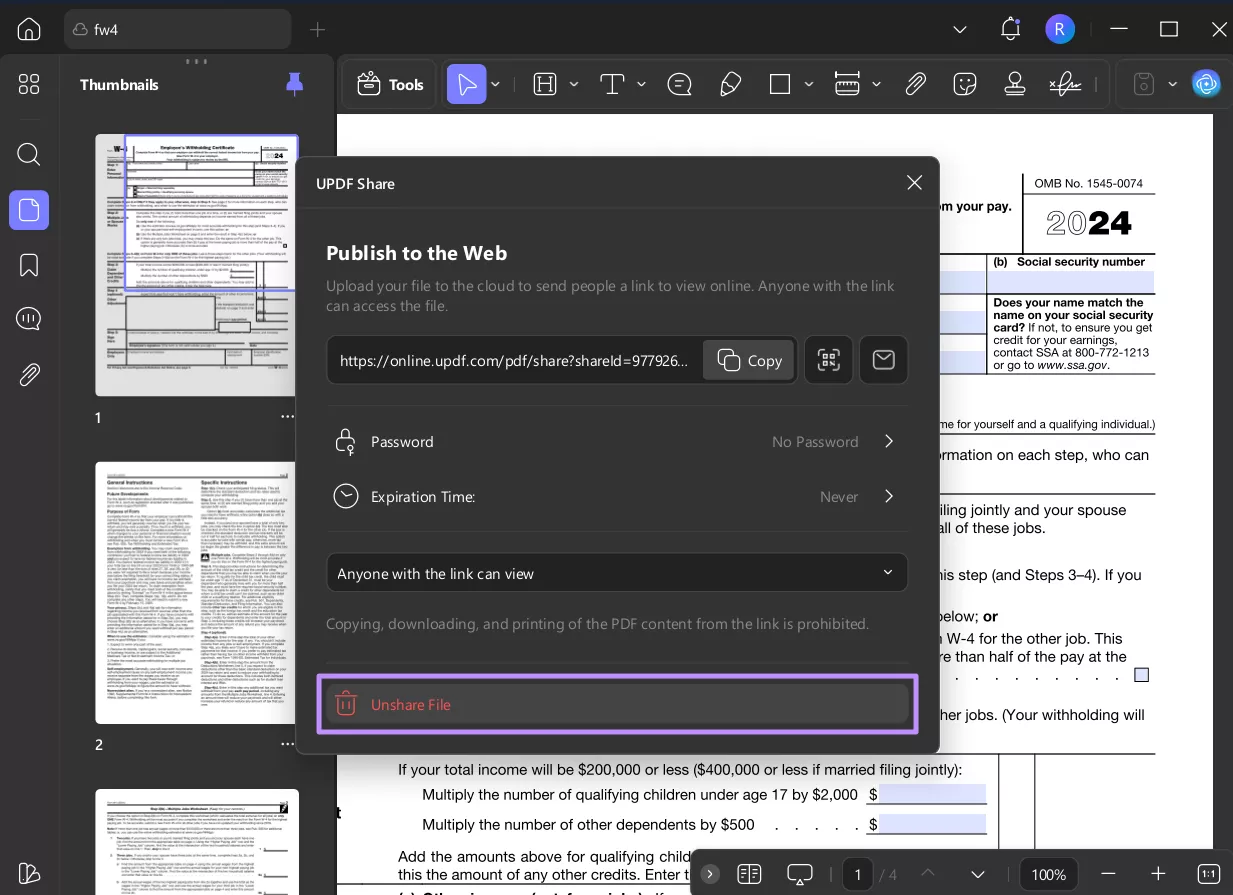 unshare pdf file in updf windows