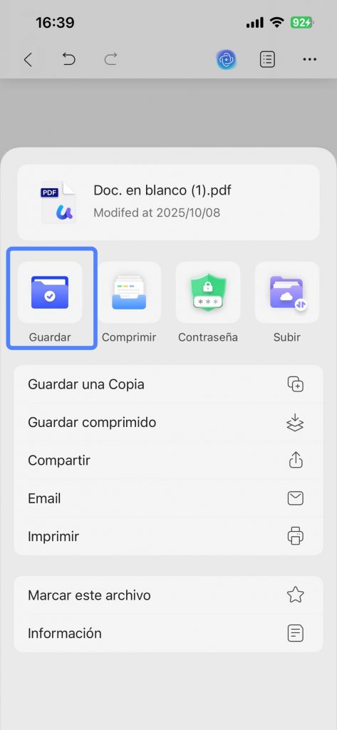 guardar PDF en blanco en UPDF 