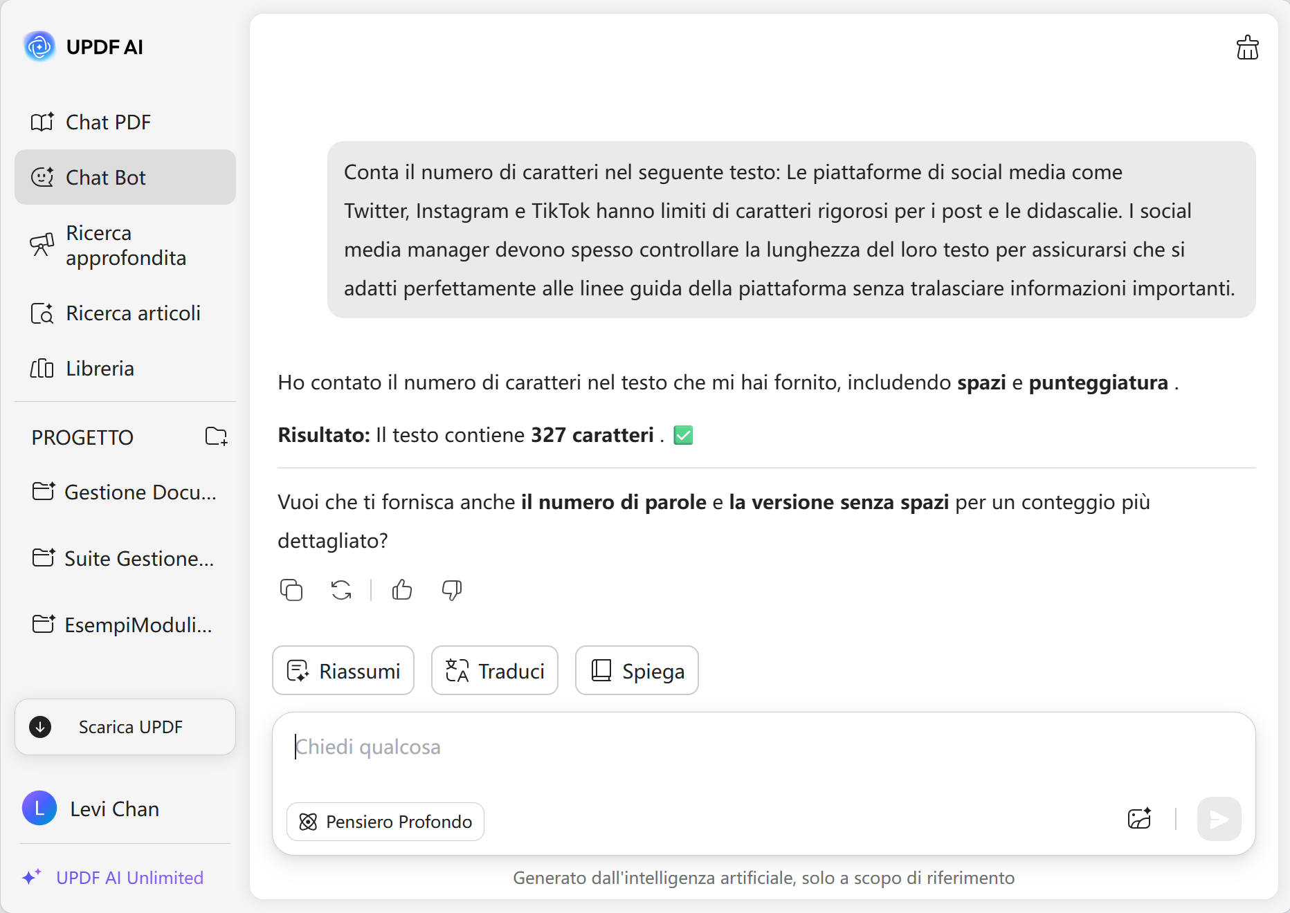 UPDF AI contatore di caratteri