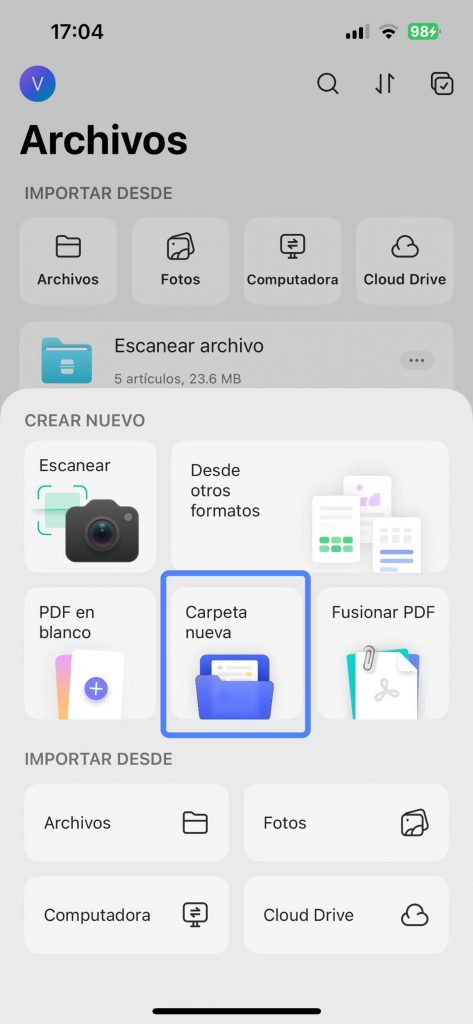  Crear nueva carpeta de UPDF 