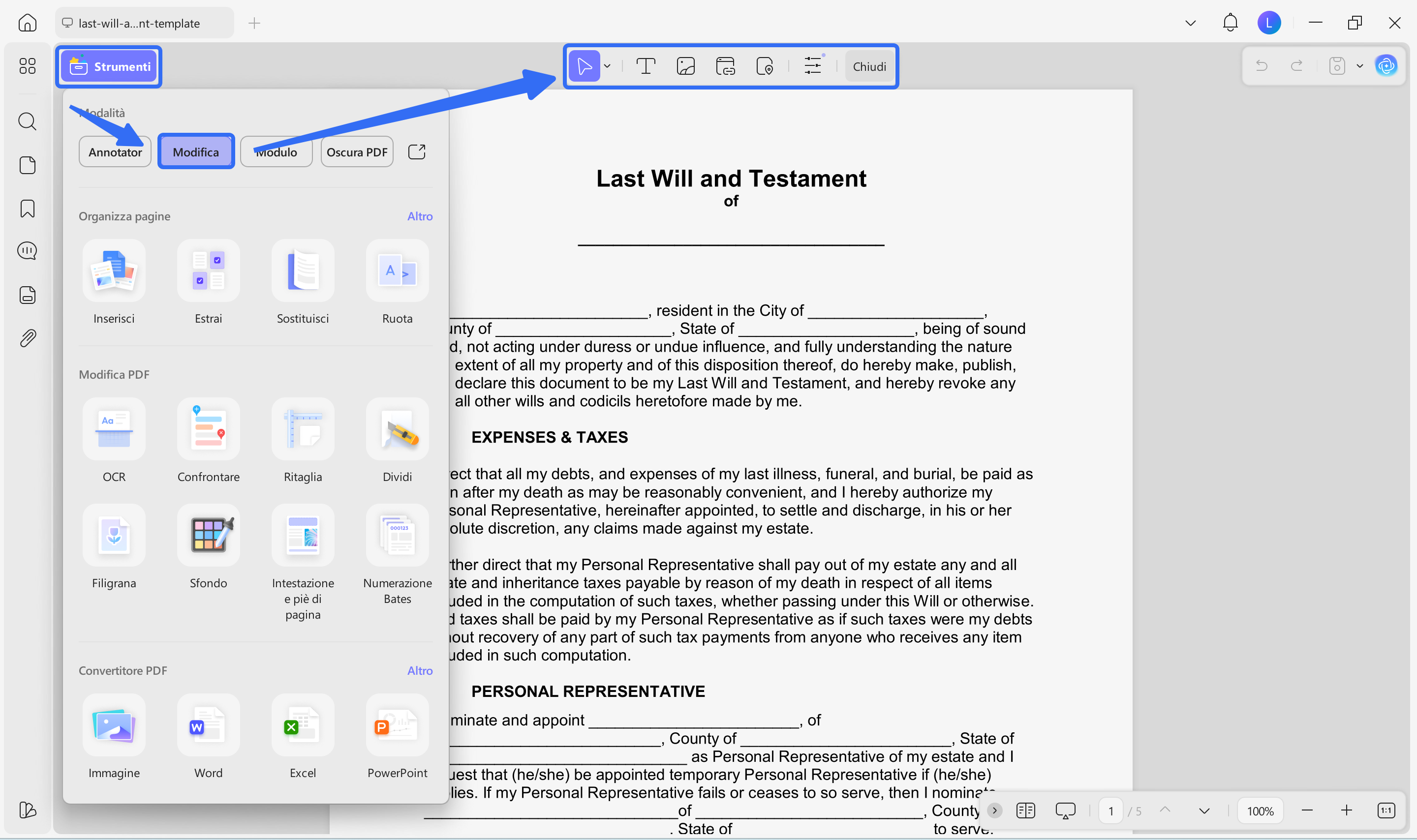 edit the last will and testament PDF template with UPDF