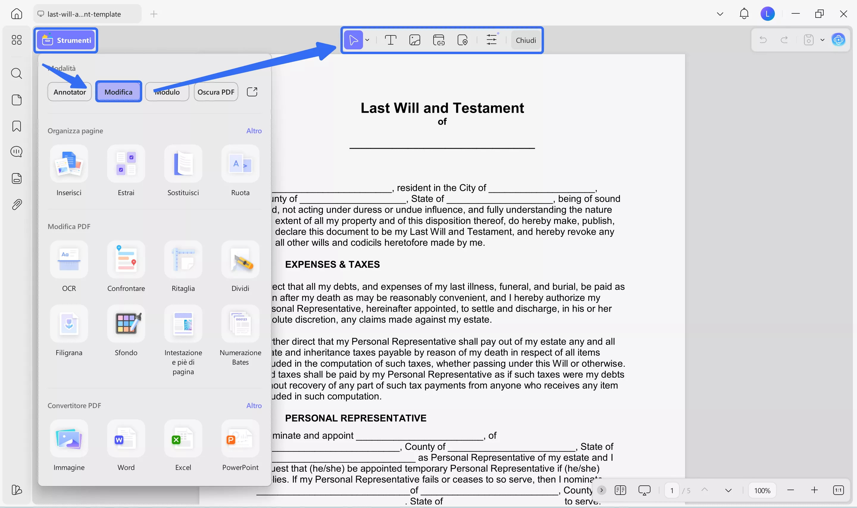 edit the last will and testament PDF template with UPDF