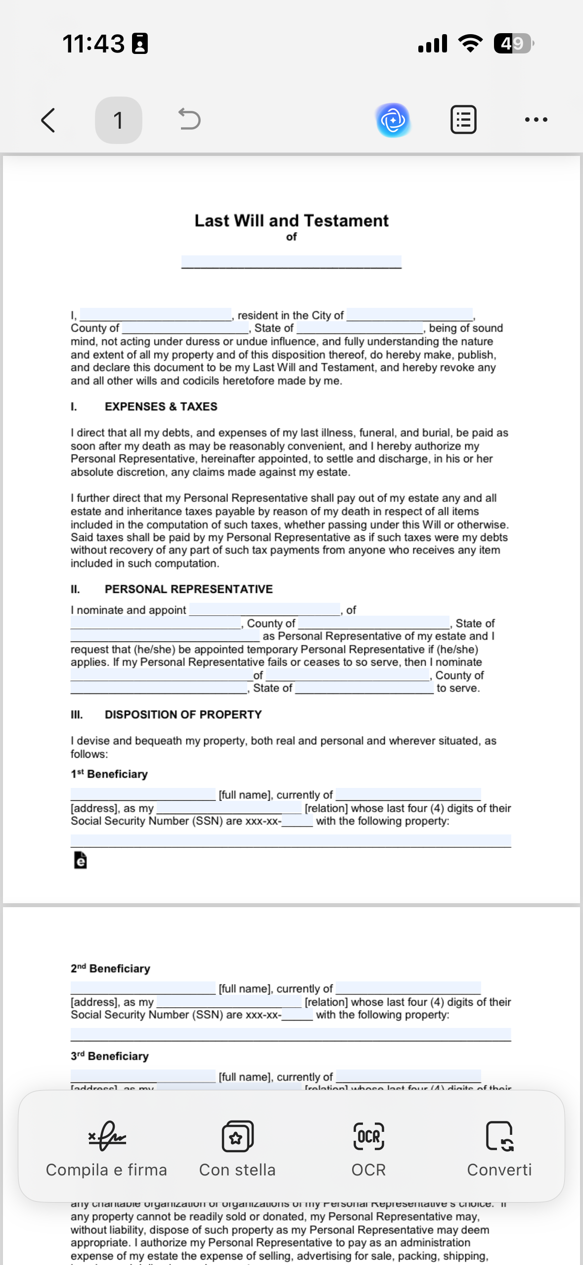 fill the last will and testament template on mobile