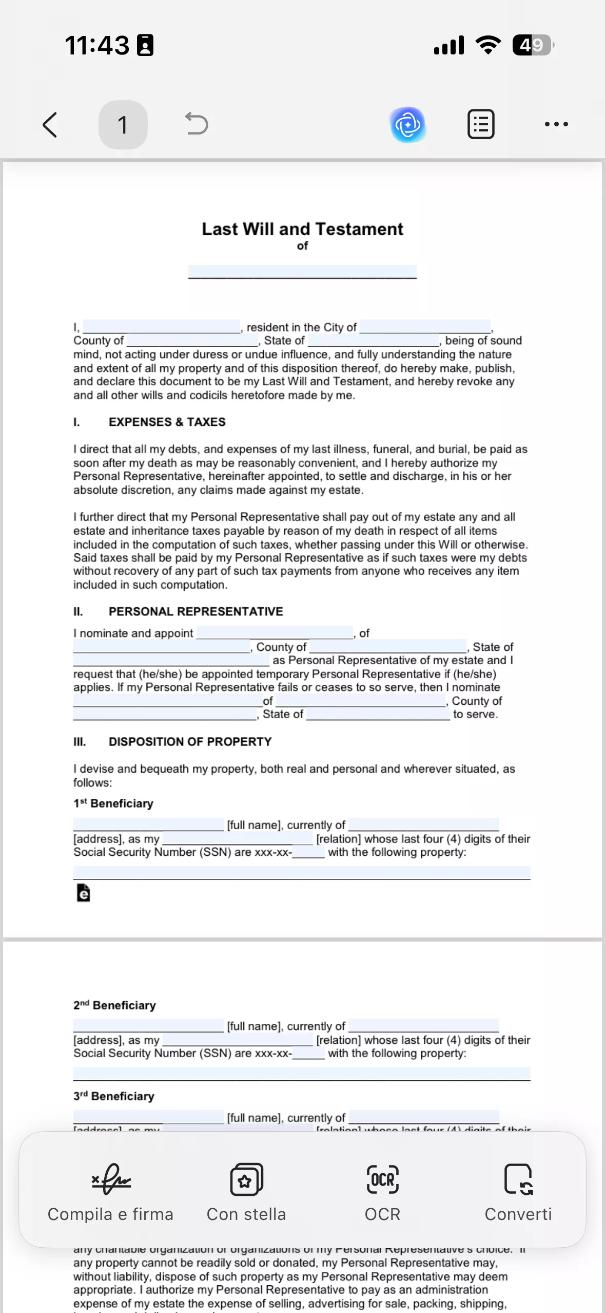 fill the last will and testament template on mobile
