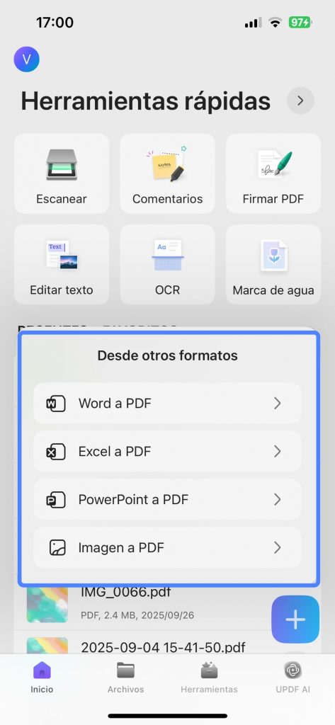 UPDF selección de formato