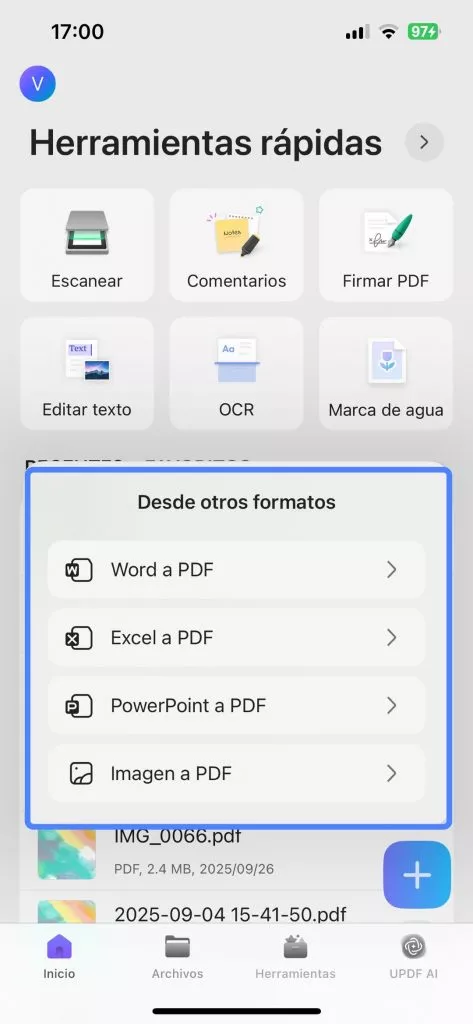 UPDF selección de formato