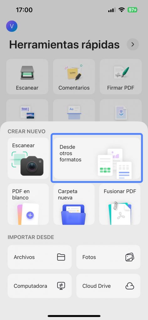  UPDF desde otros formatos