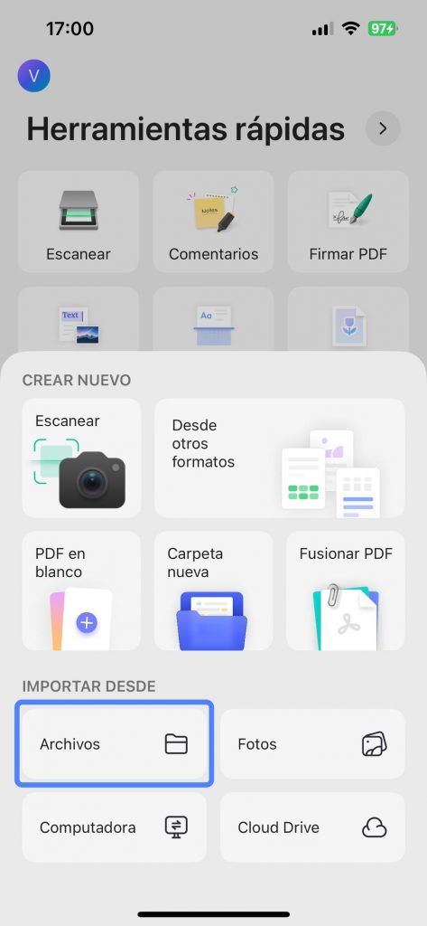  UPDF importar archivo