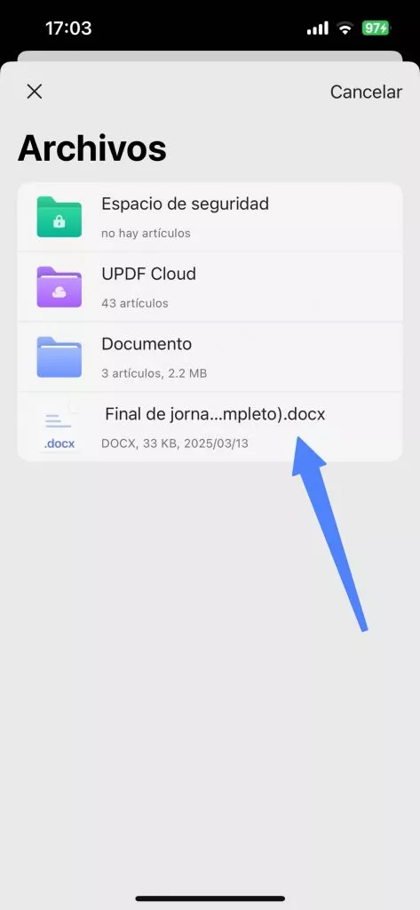 UPDF seleccionar archivo para conversión a PDF