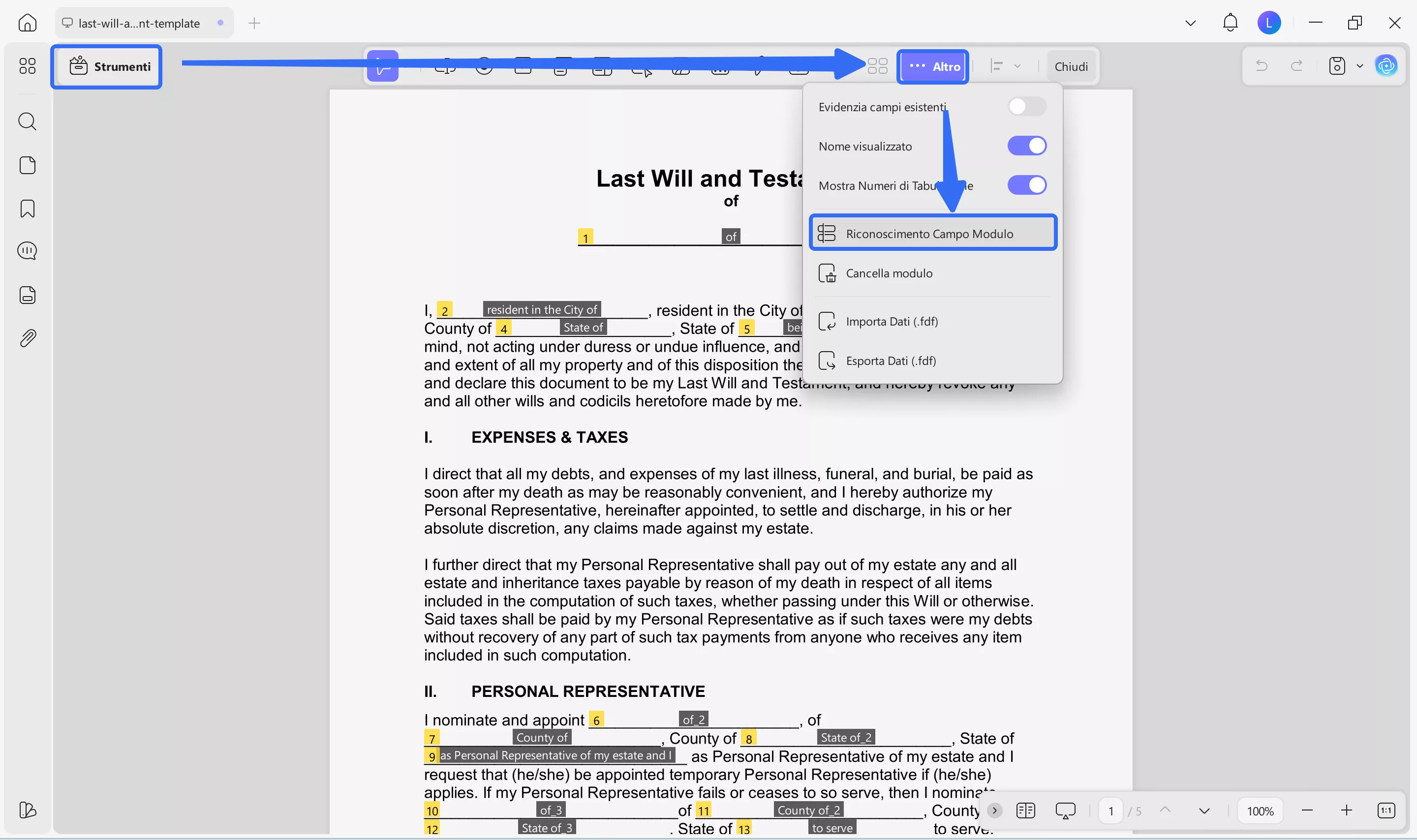 updf last will and testament form fields recognition