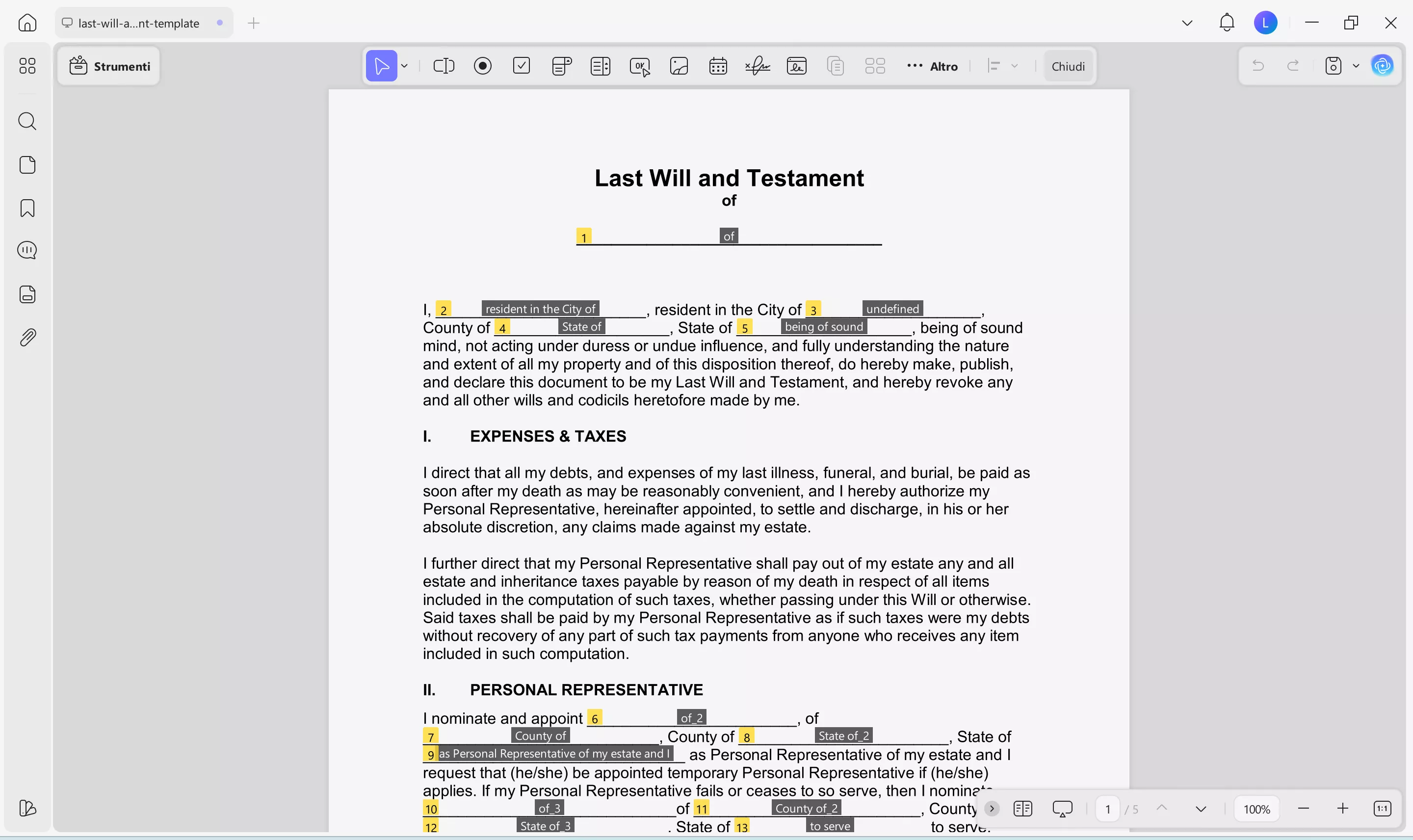 updf recognize last will and testament form fields