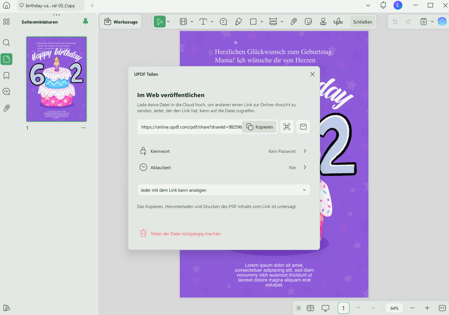 Karte per Link oder QR senden