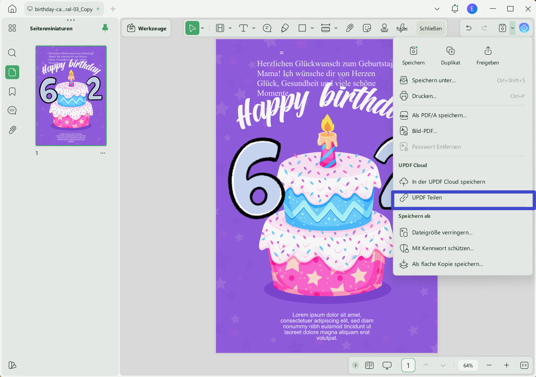 Geburtstagskarte per E-Mail teilen