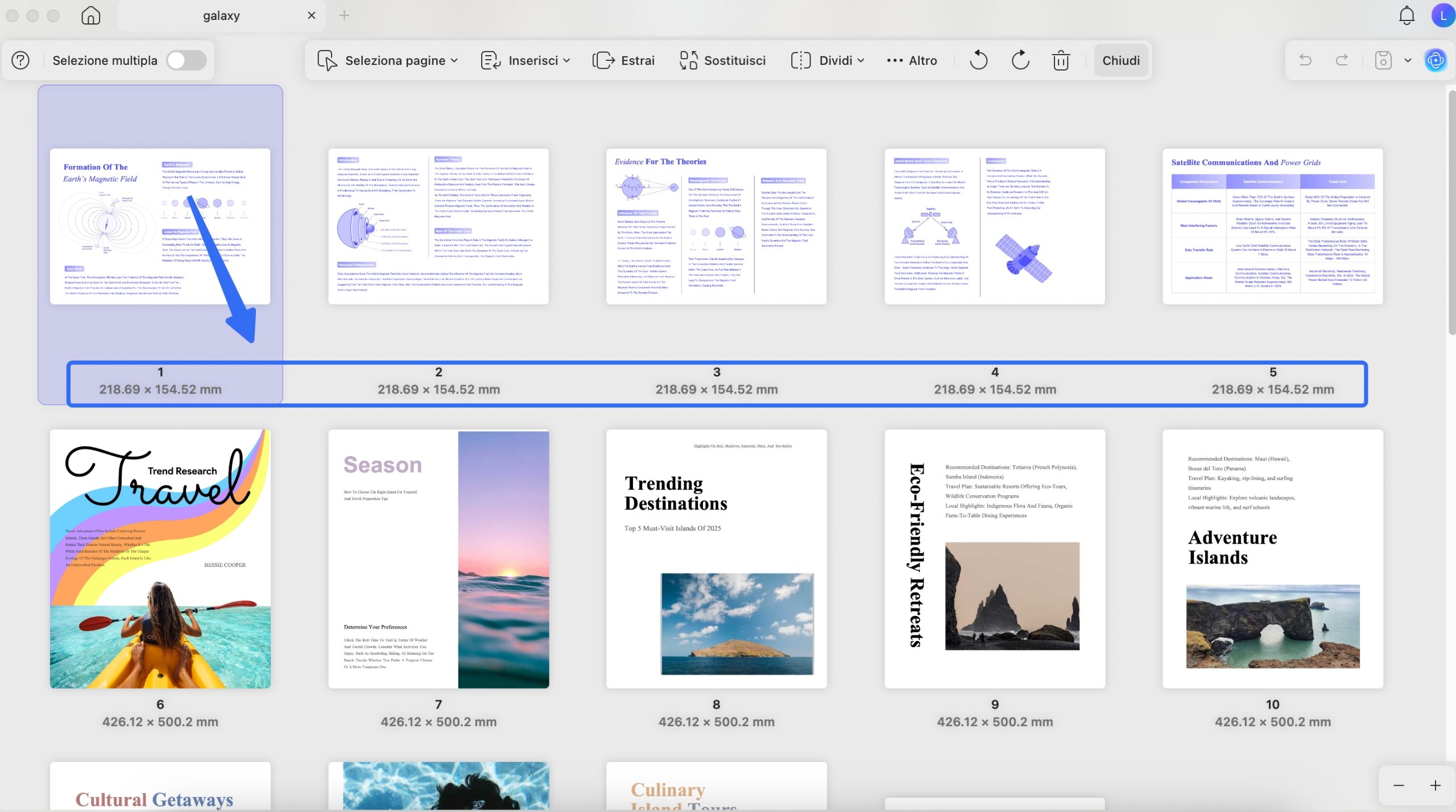 Controlla le dimensioni della pagina nel pannello Organizza pagine