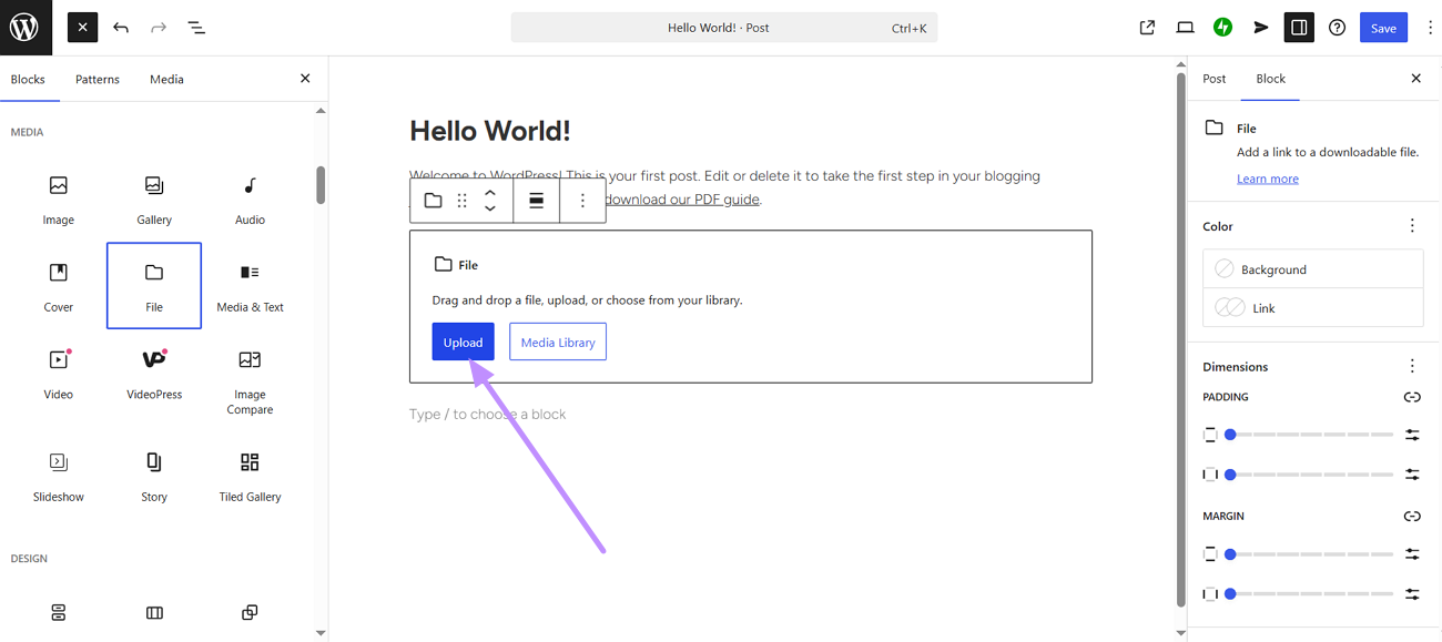 upload pdf in wordpress file block