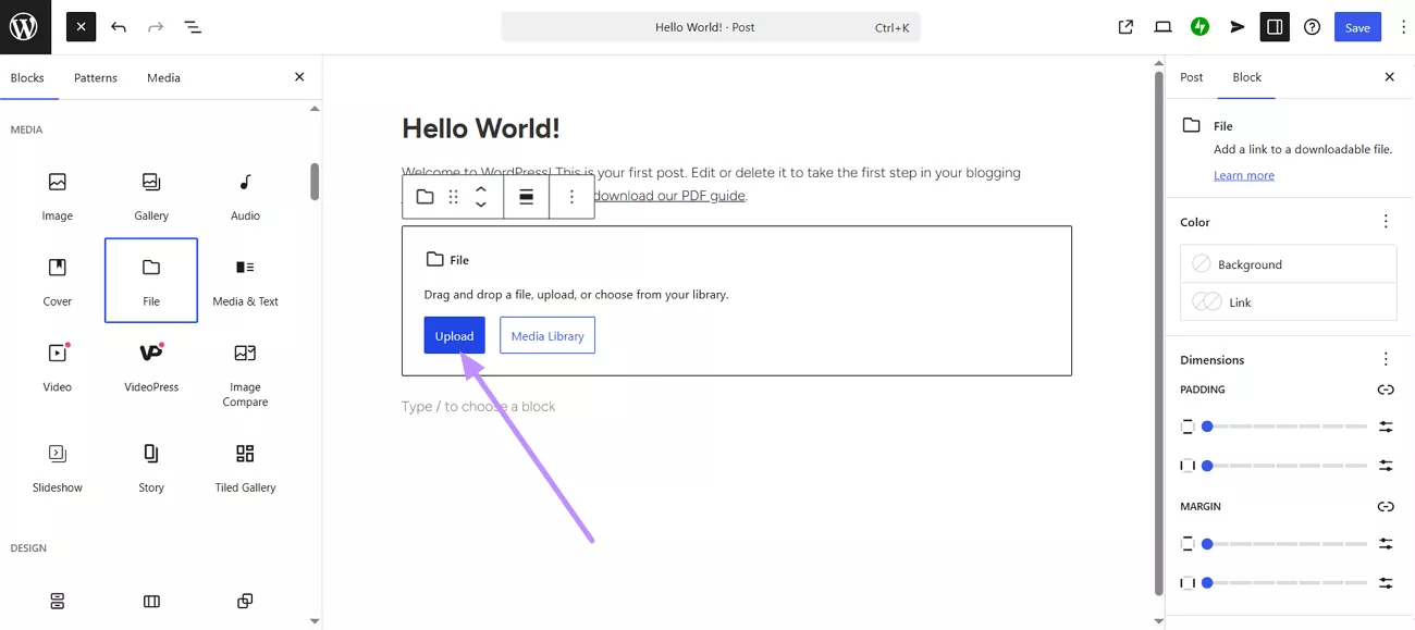 upload pdf in wordpress file block