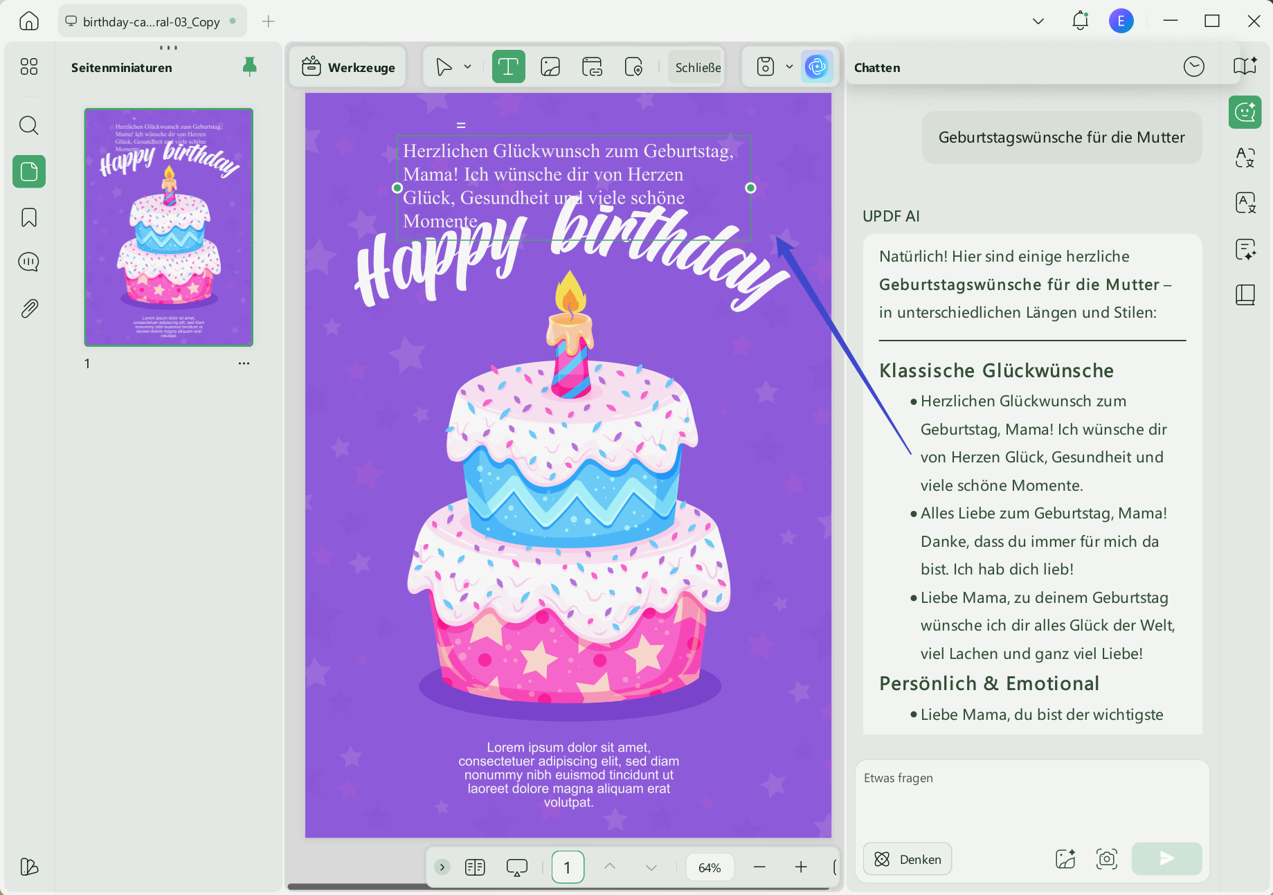 Wechseln Sie in den Bearbeitungsmodus und passen Sie den Text an