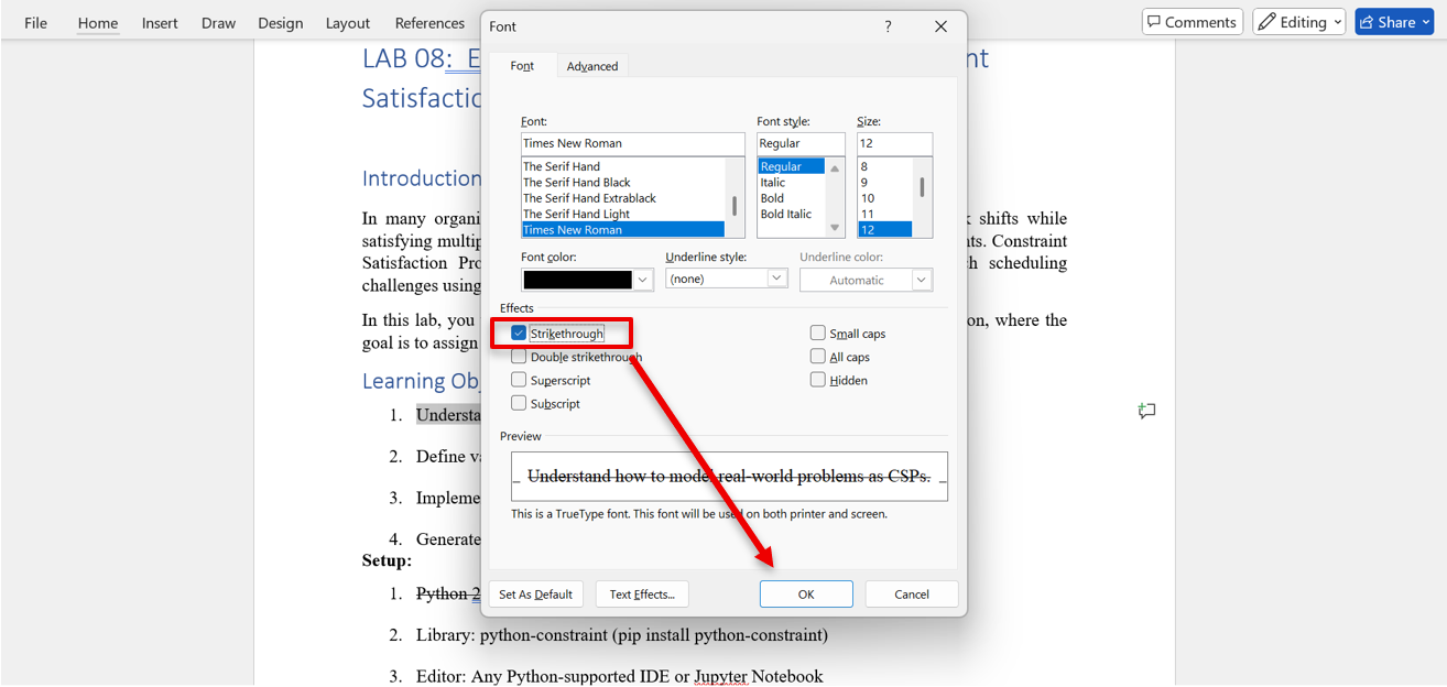 Strikethrough text in Microsoft Word with dialog box