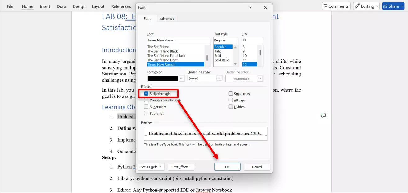 Strikethrough text in Microsoft Word with dialog box