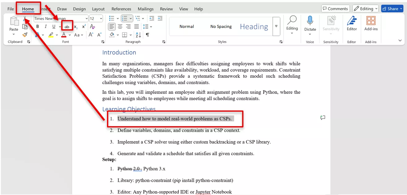 Strikethrough text in Microsoft Word