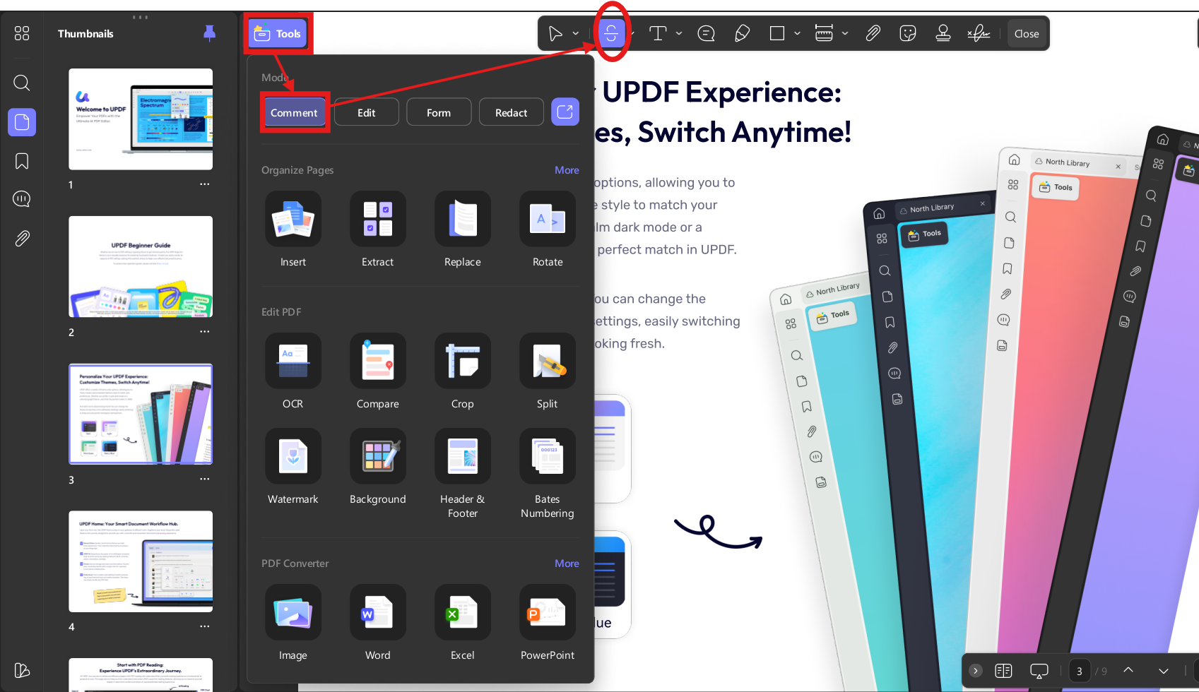 Using the Strikethrough annotation tool in the UPDF desktop version to mark PDF text