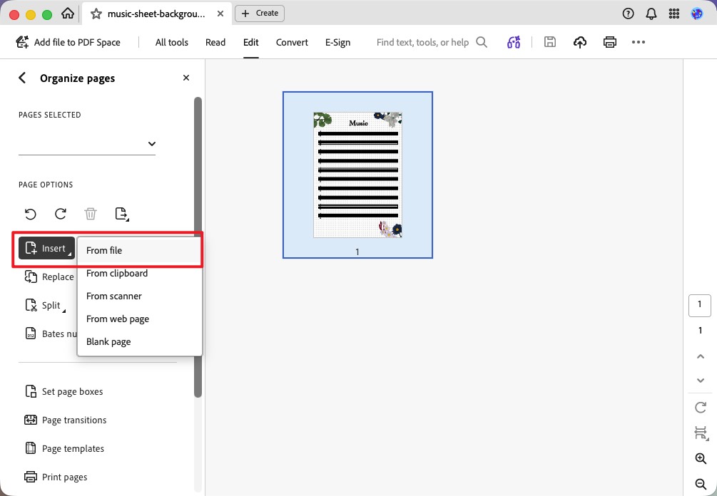 acrobat insert from file button